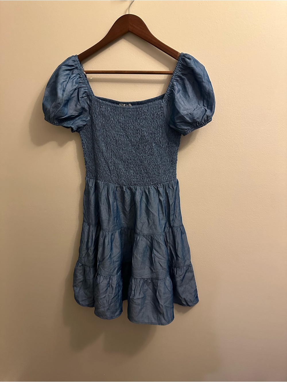 Justify Denim-Blue Puff Sleeve Smocked Tiered Mini Dress